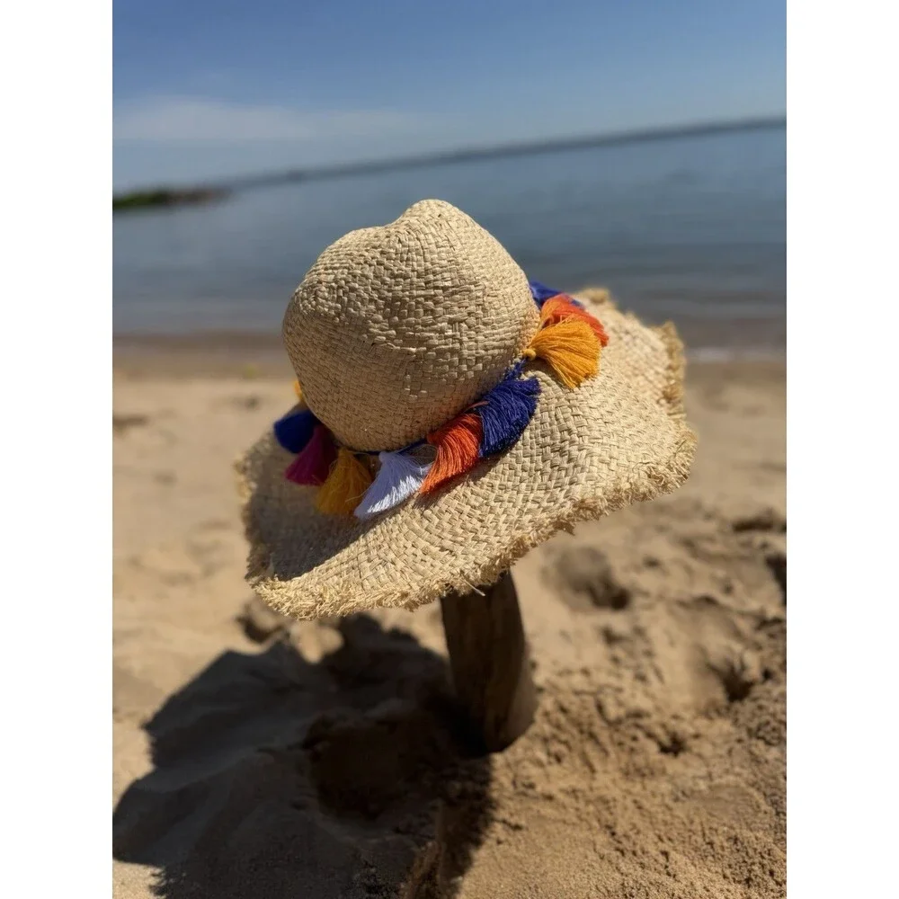 EUC Kate Spade Raffia Wide Brim Hat Tassels Colorful Straw Resort Cruise Beach